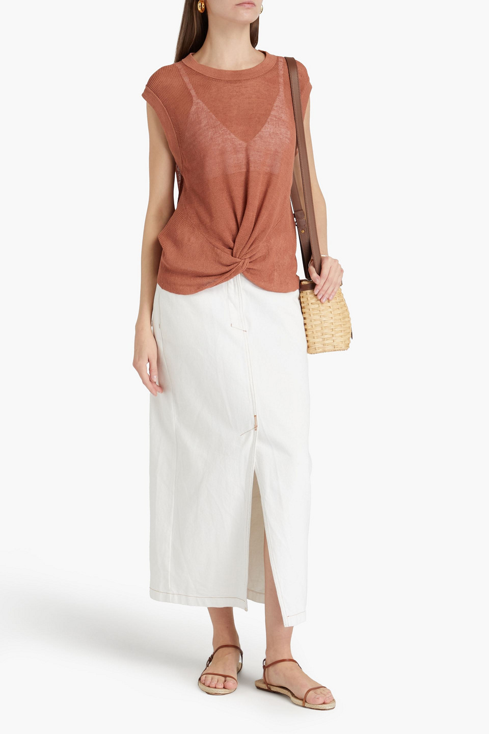 Veronica Beard Kellen Twisted Linen-blend Top In Brown