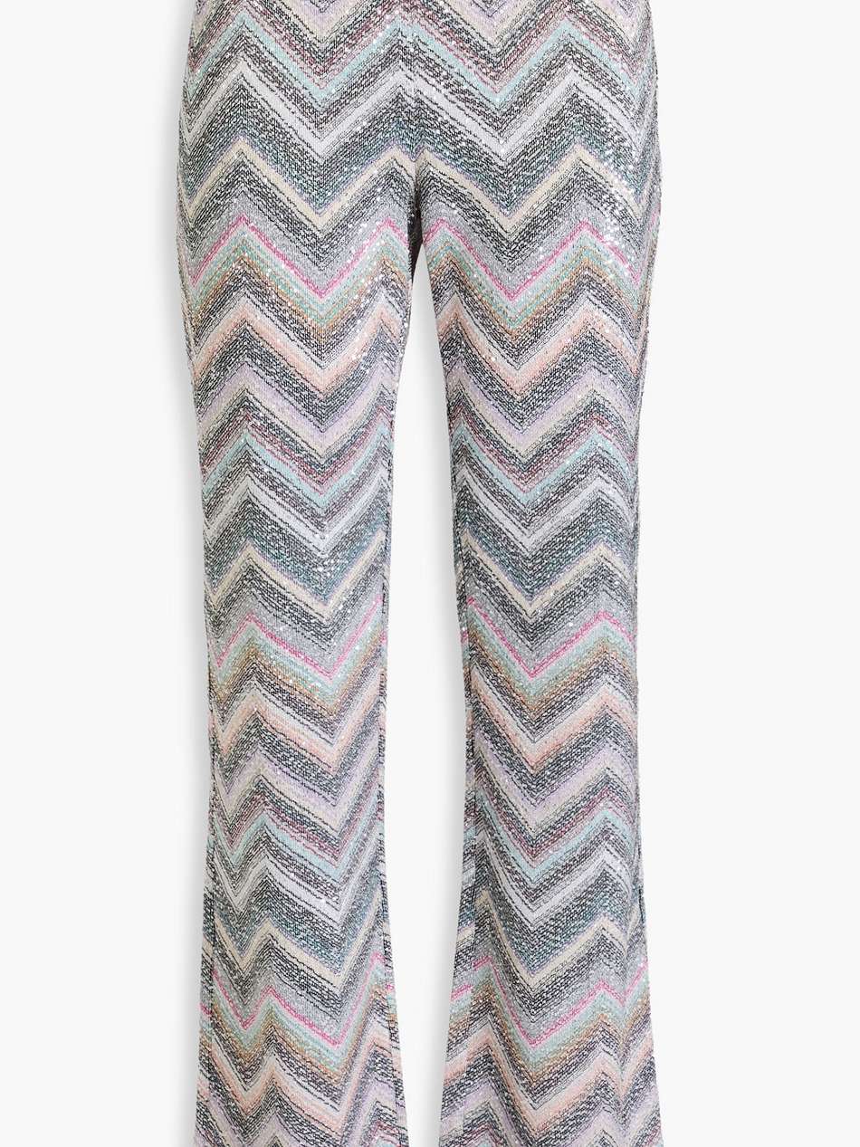 sequined metallic crochet-knit flared pants