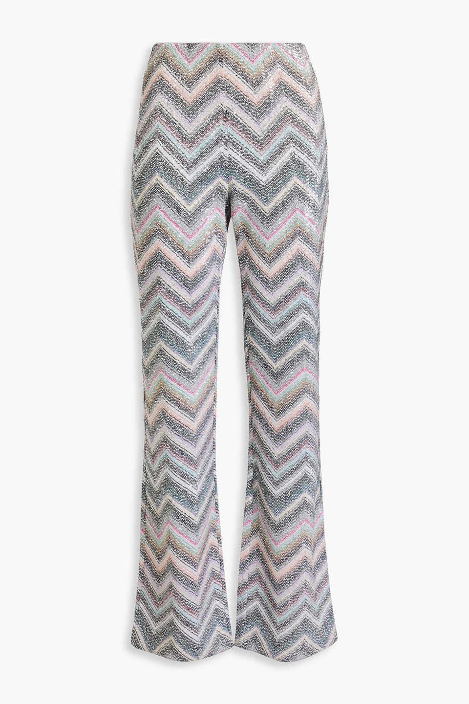 Sequined metallic crochet-knit flared pants