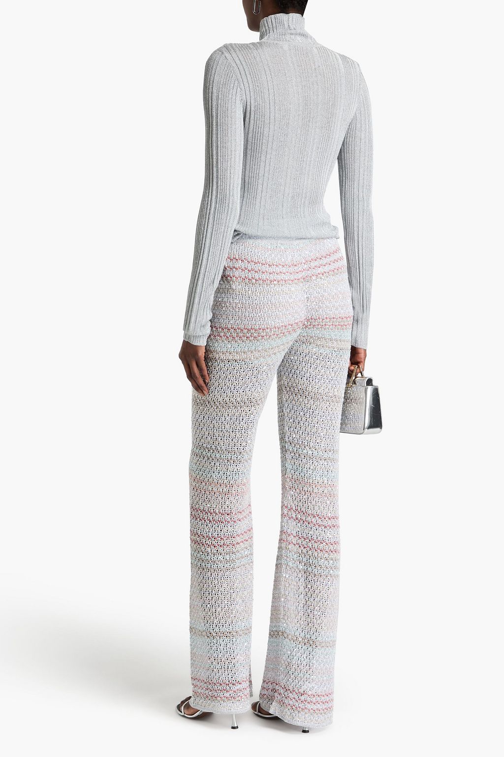 MISSONI Sequined striped crochet-knit flared pants