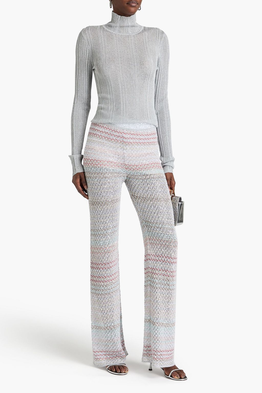MISSONI Sequined striped crochet-knit flared pants
