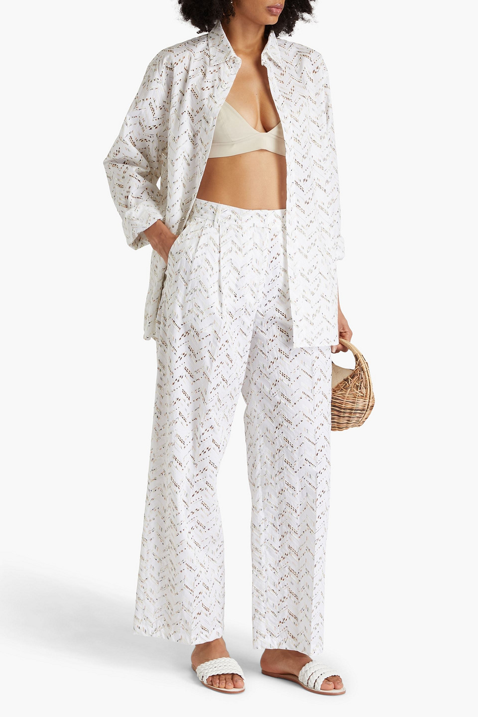 Shop Missoni Broderie Anglaise Cotton Wide-leg Pants In Weiss