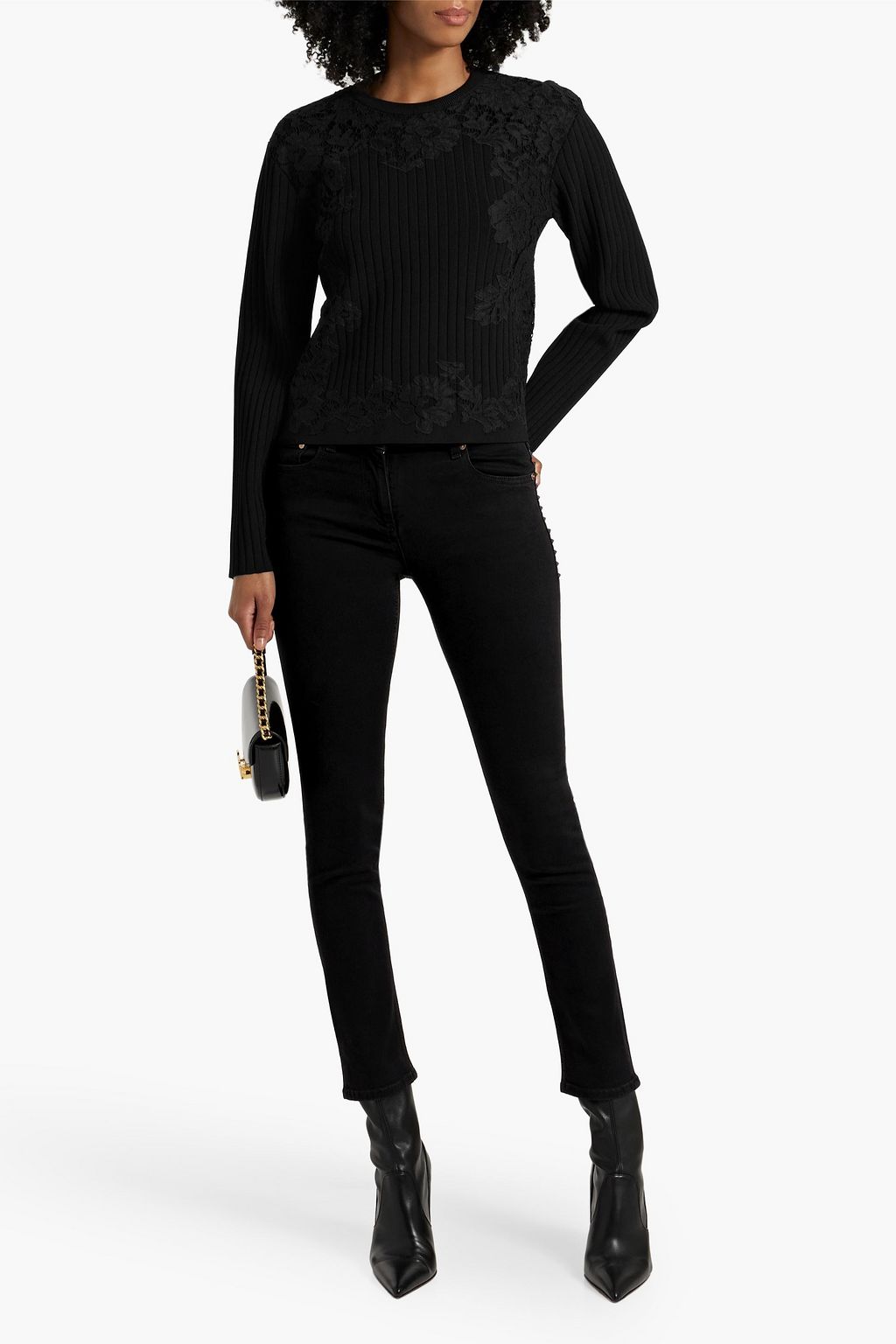 VALENTINO GARAVANI Lace-trimmed ribbed-knit sweater