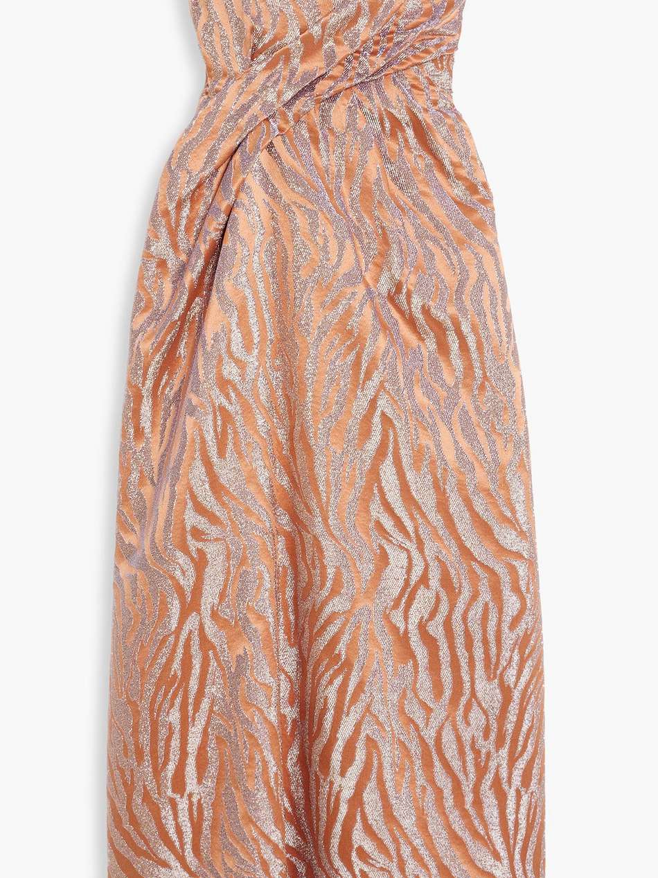 raina strapless metallic satin-jacquard midi dress