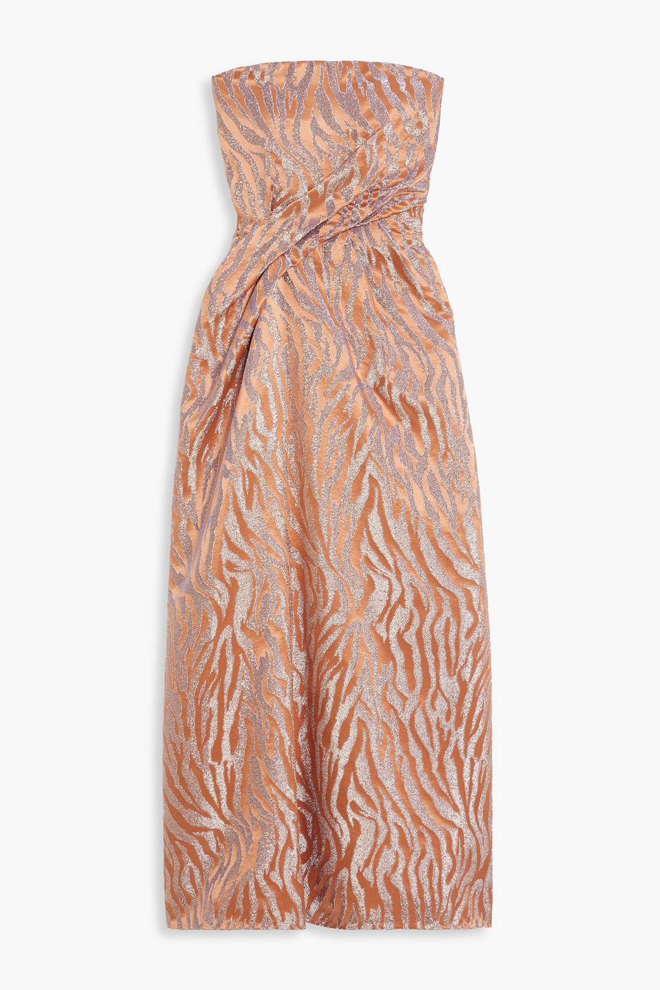 Ulla Johnson Raina Strapless Metallic Satin-jacquard Midi Dress In Antique Rose