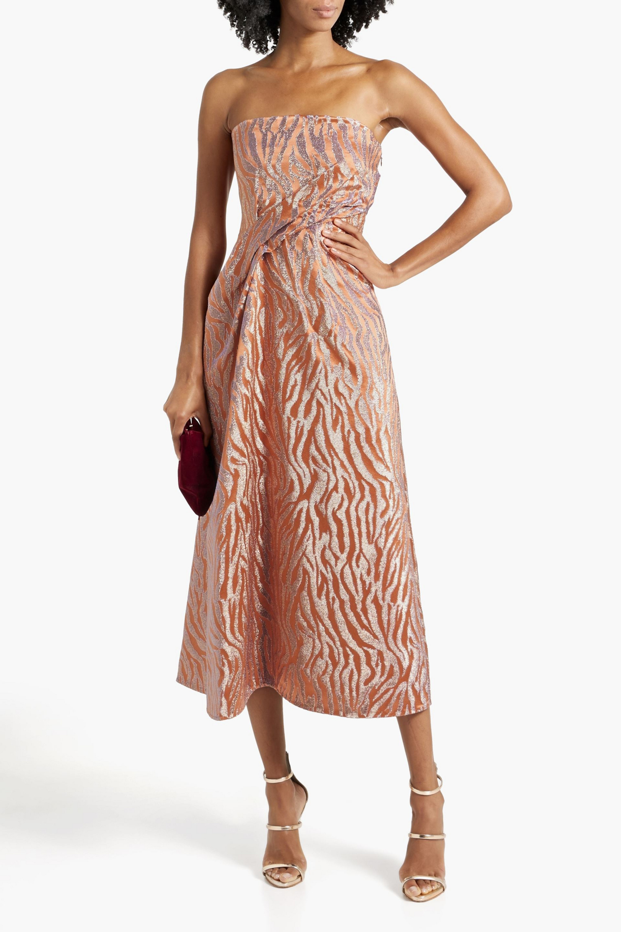 Ulla Johnson Raina strapless metallic satin-jacquard midi dress