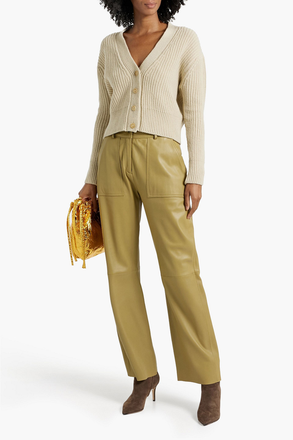 Shop And-daughter Brigid Cropped Ribbed Wool Cardigan In Beige
