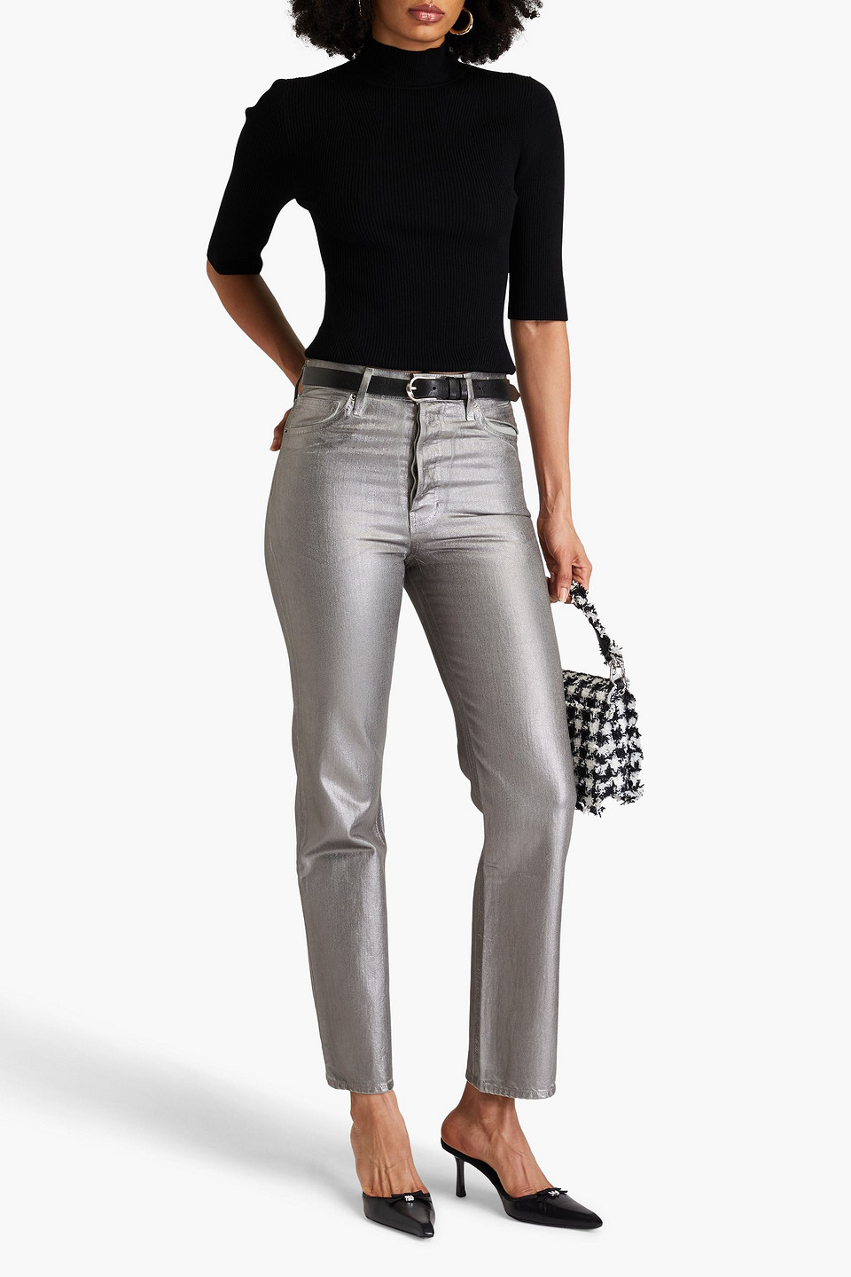 Veronica Beard Carson Metallic High Rise Ankle Jean In Light Grey In Gray