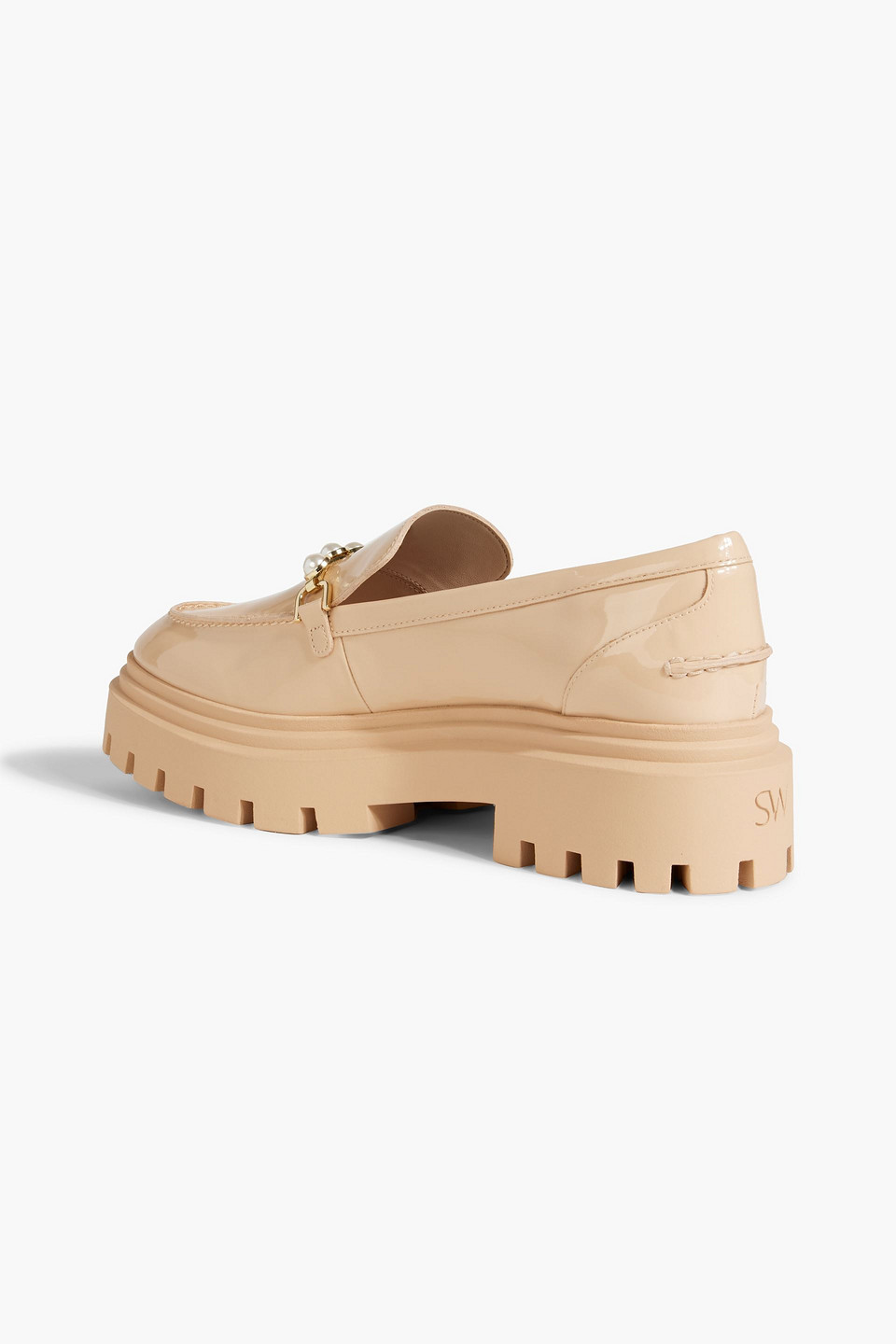 Stuart Weitzman Perla Embellished Patent-leather Platform Loafers In Beige