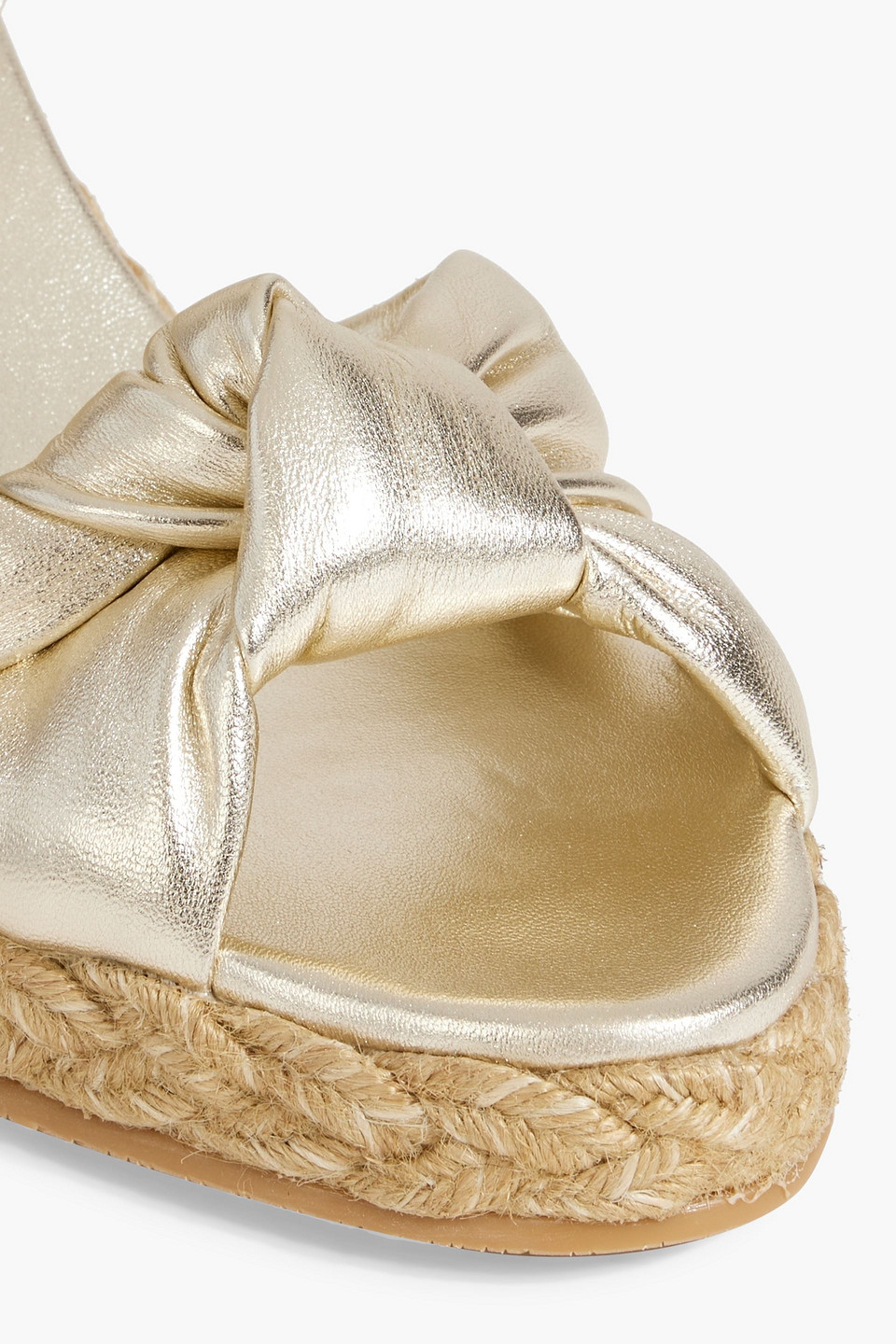 Shop Stuart Weitzman Playa Knotted Metallic Leather Espadrille Wedge Sandals In Platinum