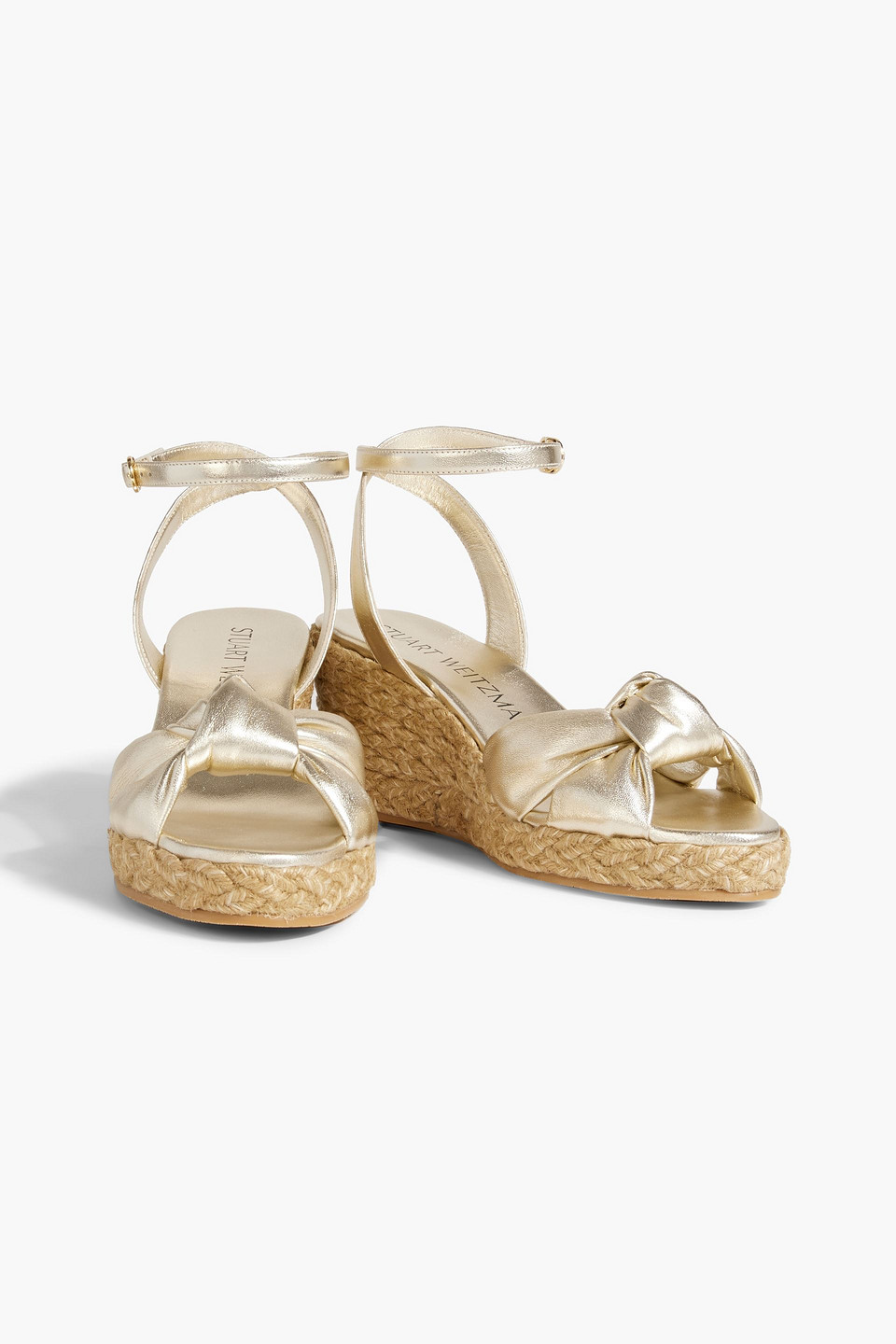 Shop Stuart Weitzman Playa Knotted Metallic Leather Espadrille Wedge Sandals In Platinum