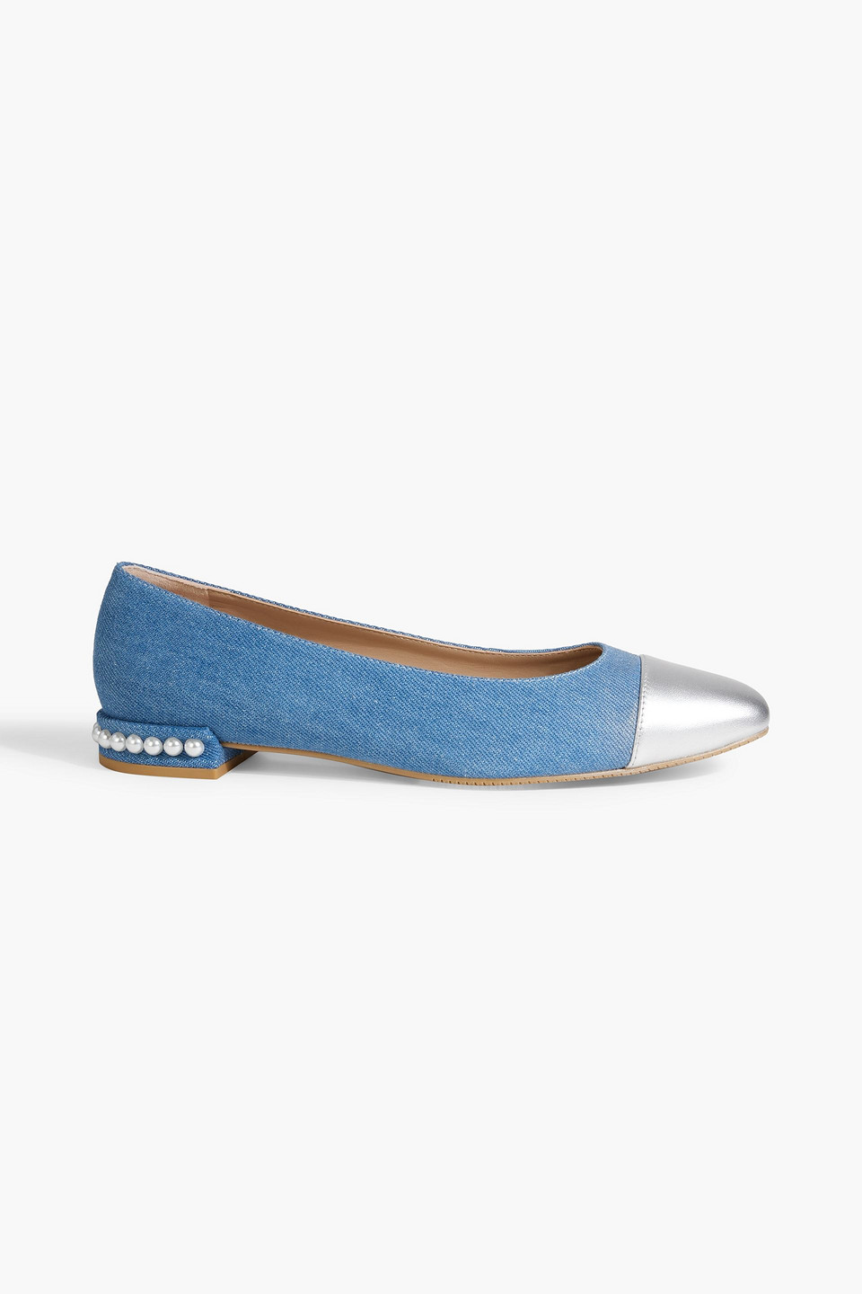 Stuart Weitzman Pearl Embellished Denim Flats In Mid Denim