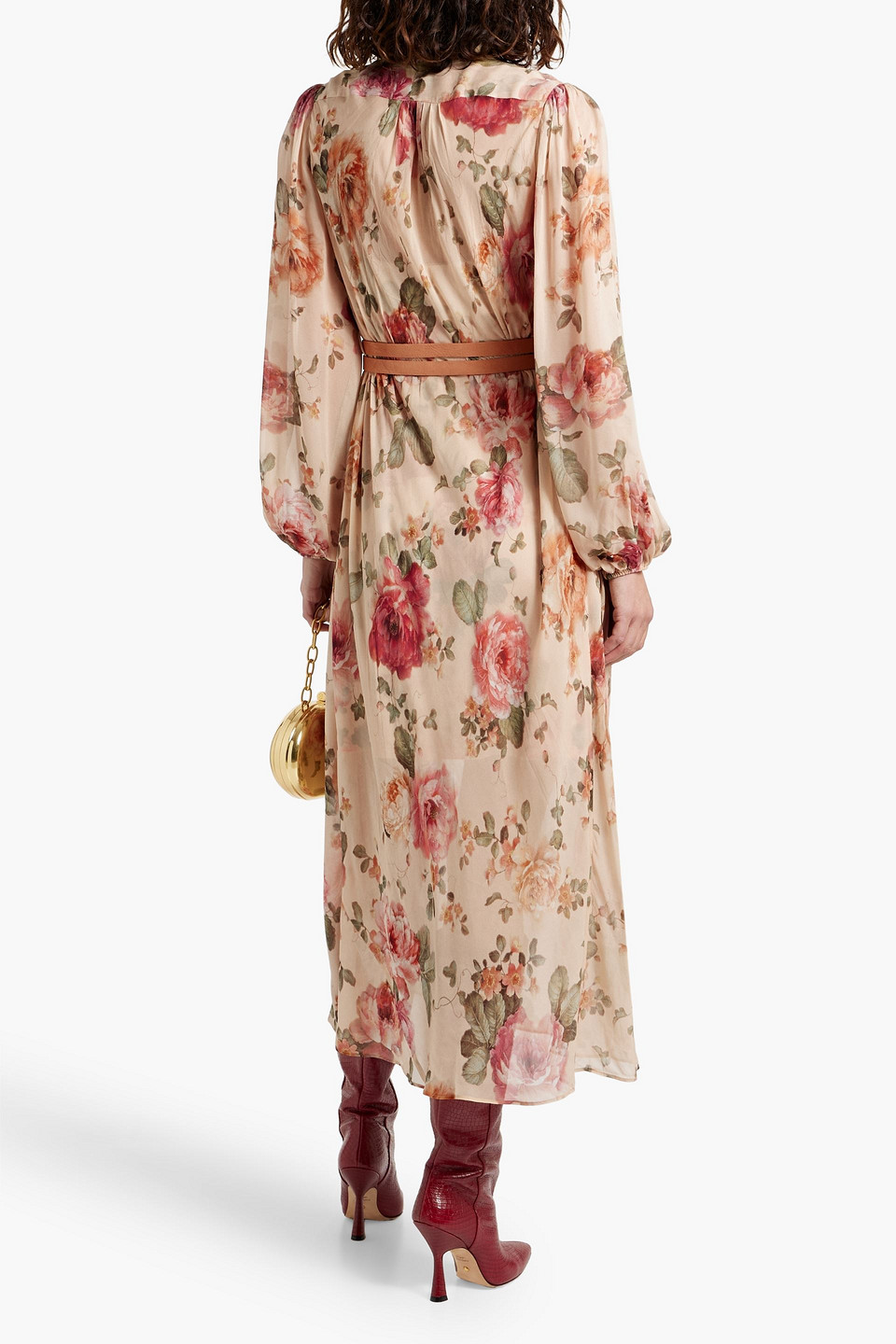 ZIMMERMANN BELTED FLORAL-PRINT CHIFFON MIDI DRESS