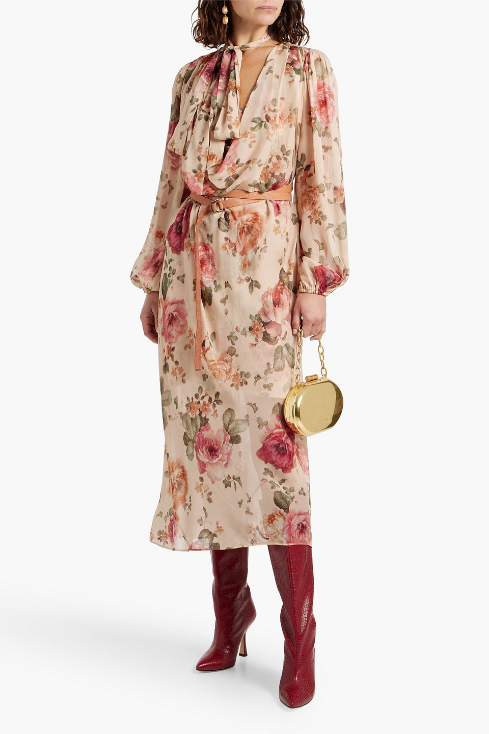 ZIMMERMANN BELTED FLORAL-PRINT CHIFFON MIDI DRESS