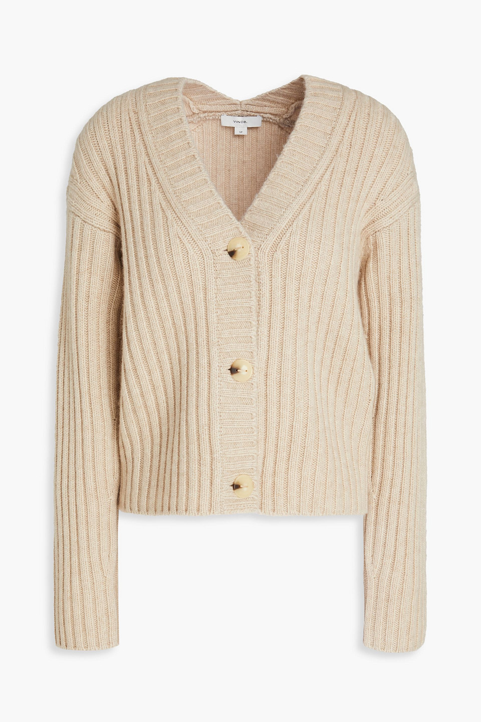 Vince Ribbed Wool And Cashmere-blend Cardigan In Beige