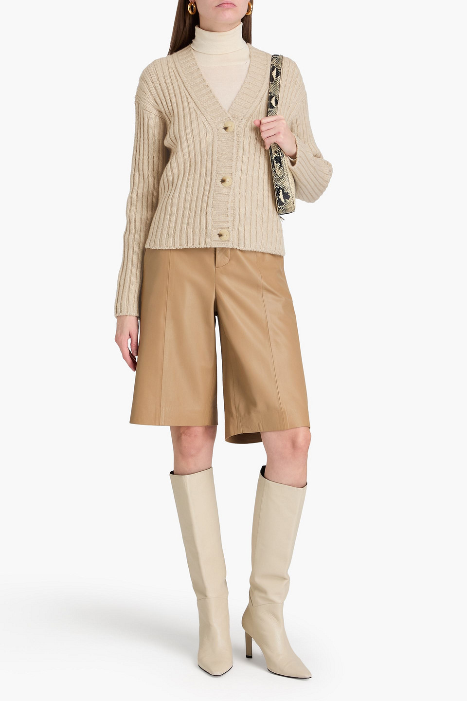 Vince Ribbed Wool And Cashmere-blend Cardigan In Beige