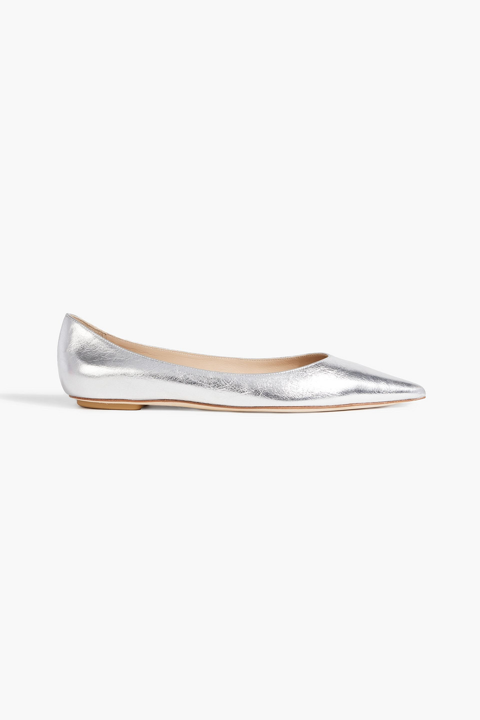 Stuart Weitzman Emilia Metallic Textured-leather Point-toe Flats In Silver
