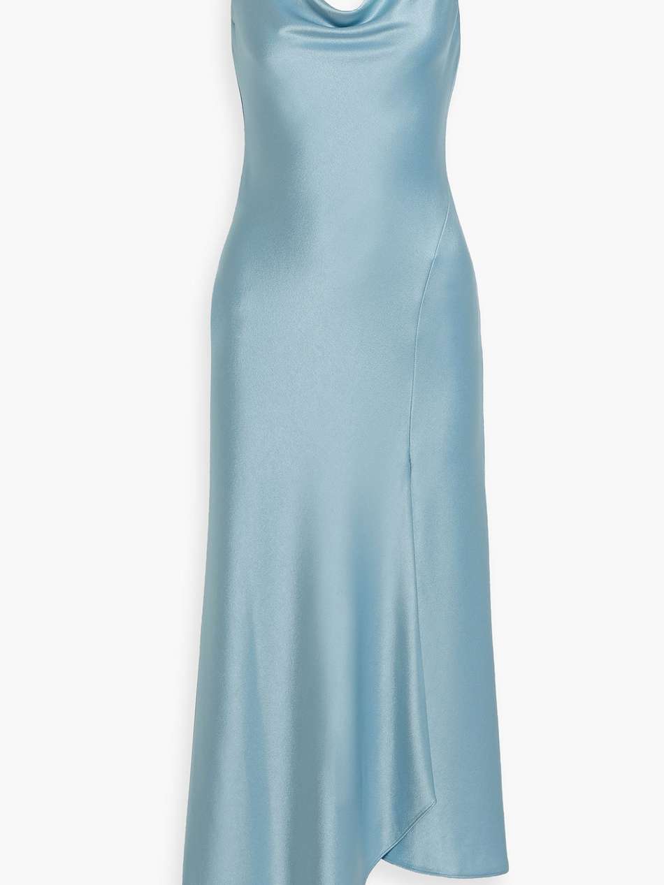 Alice + Olivia Harmony Draped Satin-Crepe Midi Dress Alice + Olivia Harmony Draped Satin-Crepe Midi Dress – A sleek satin-crepe midi dress featuring an asymmetric hem and cowl neckline.