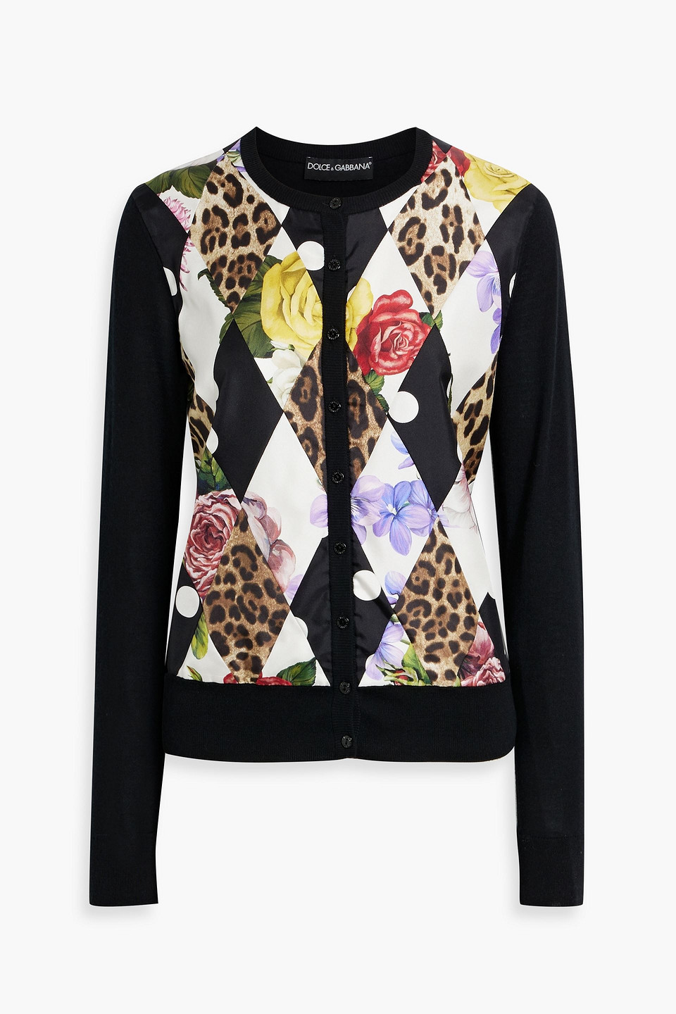 Dolce & Gabbana Printed Twill-paneled Cashmere-blend Cardigan In Black