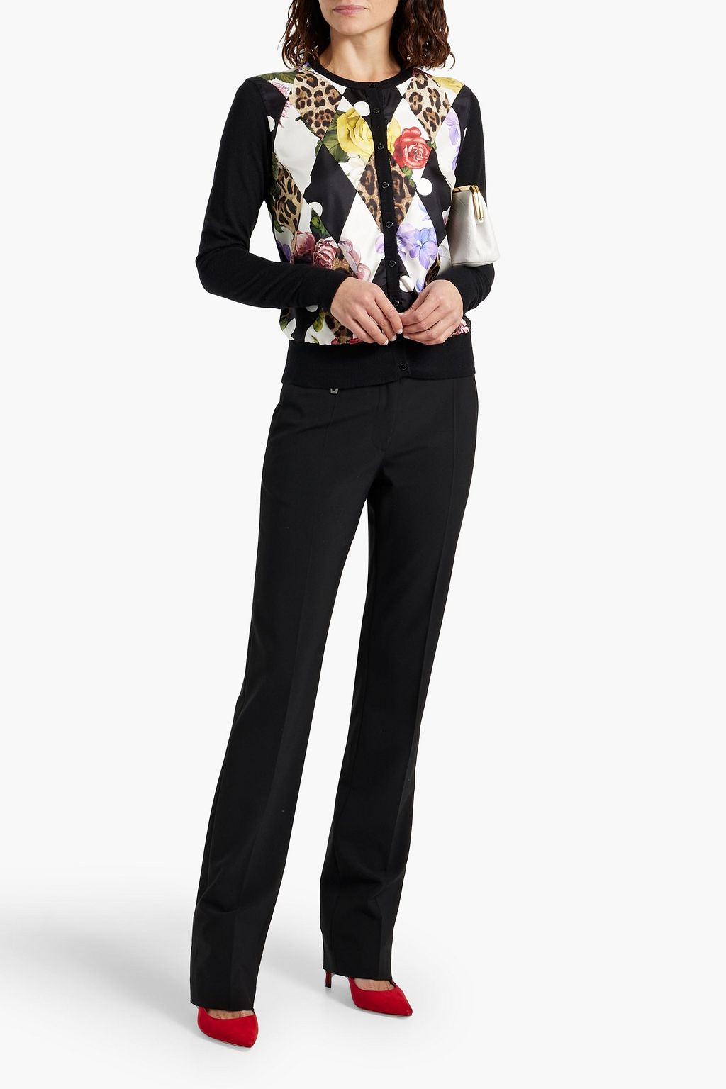 DOLCE&GABBANA Printed twill-paneled cashmere-blend cardigan