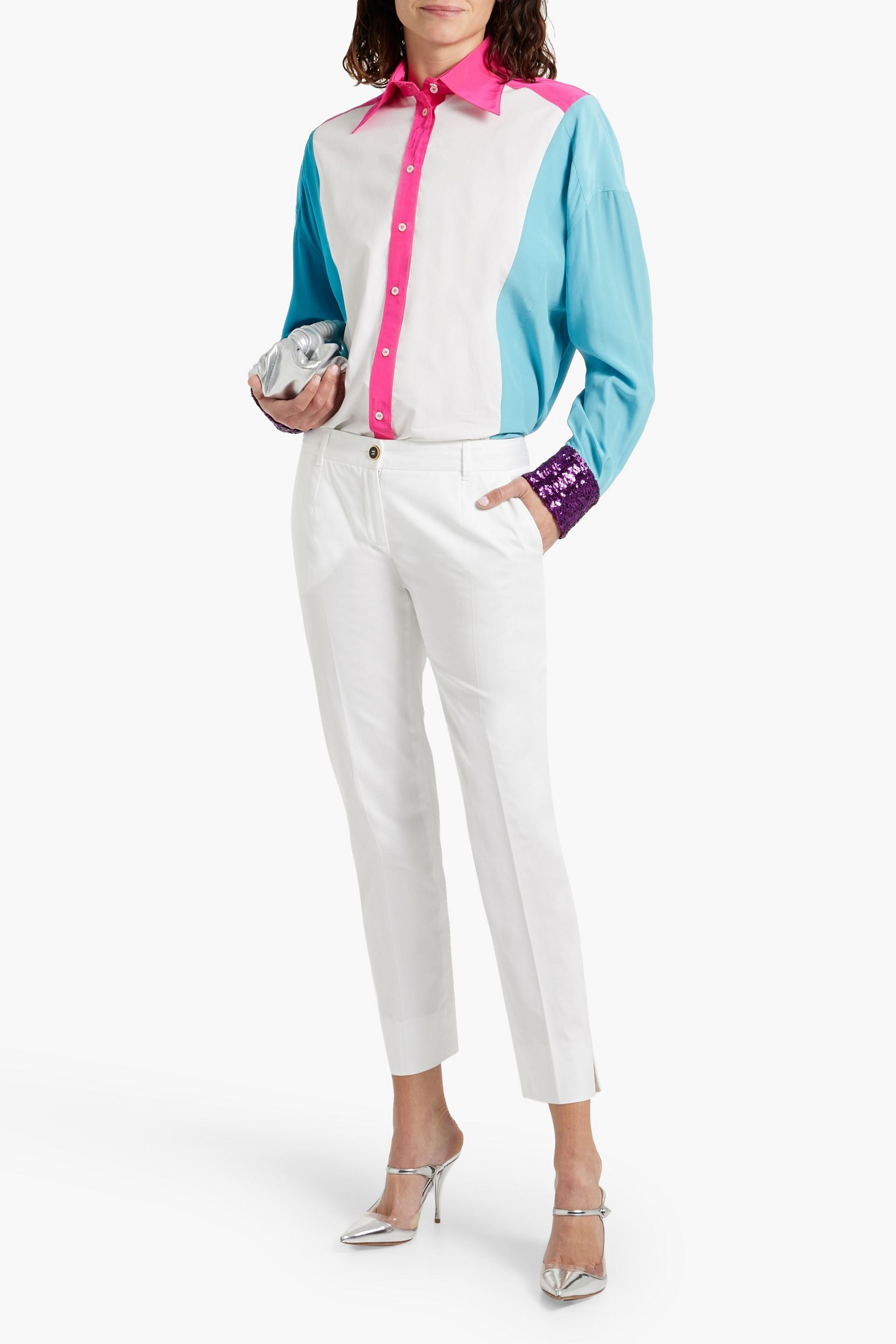 Dolce&Gabbana Embellished color-block crepe de chine and poplin shirt