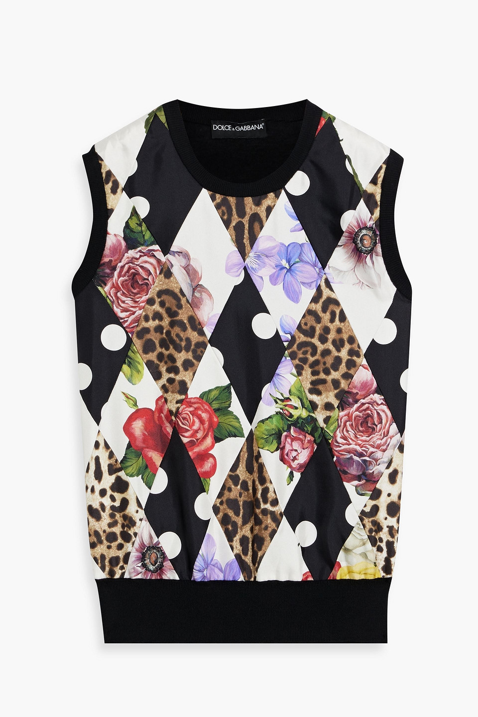 Dolce & Gabbana Printed Twill-paneled Cashmere-blend Vest In Black
