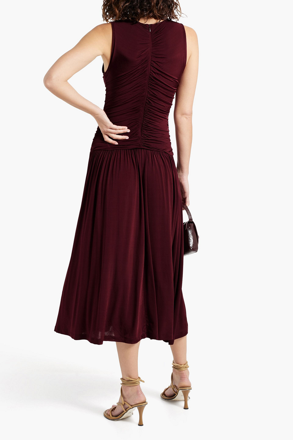 Shop Ulla Johnson Flora Ruched Stretch-jersey Midi Dress In Burgundy