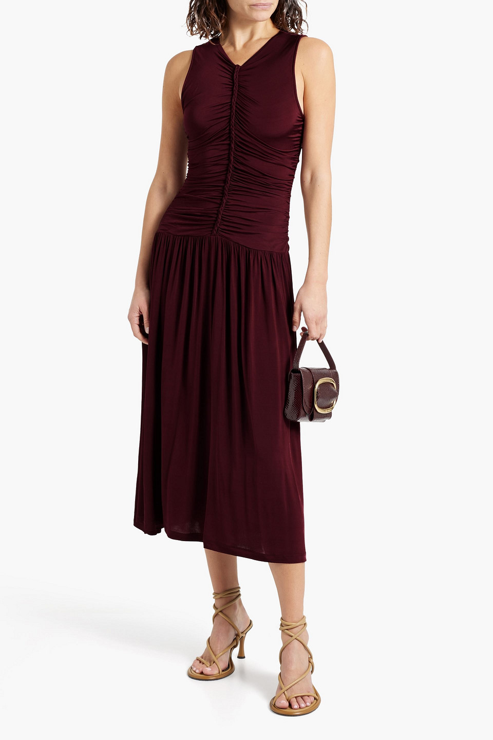 Shop Ulla Johnson Flora Ruched Stretch-jersey Midi Dress In Burgundy