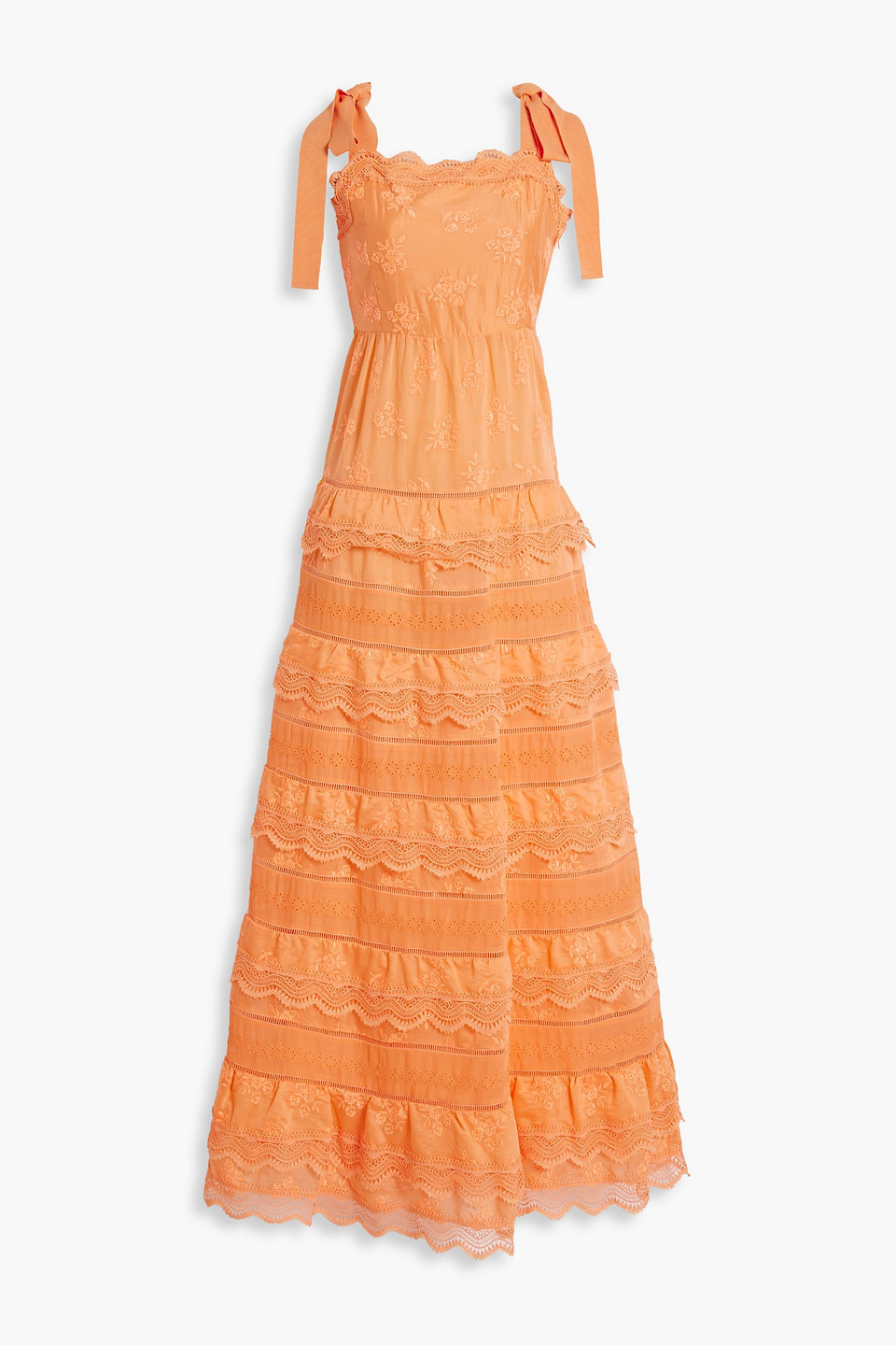 Alice And Olivia Vega Tiered Embroidered Lyocell-blend Voile Maxi Dress In Coral