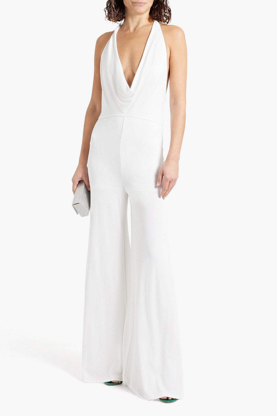 ALICE AND OLIVIA COLBY DRAPED JERSEY HALTERNECK WIDE-LEG JUMPSUIT