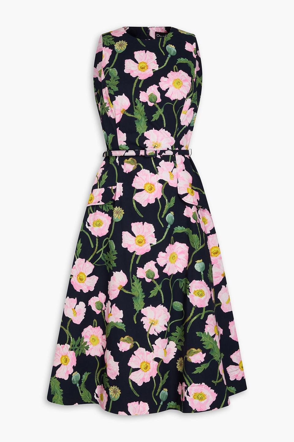 Oscar De La Renta Belted Floral-print Cotton-blend Poplin Midi Dress In Midnight Blue