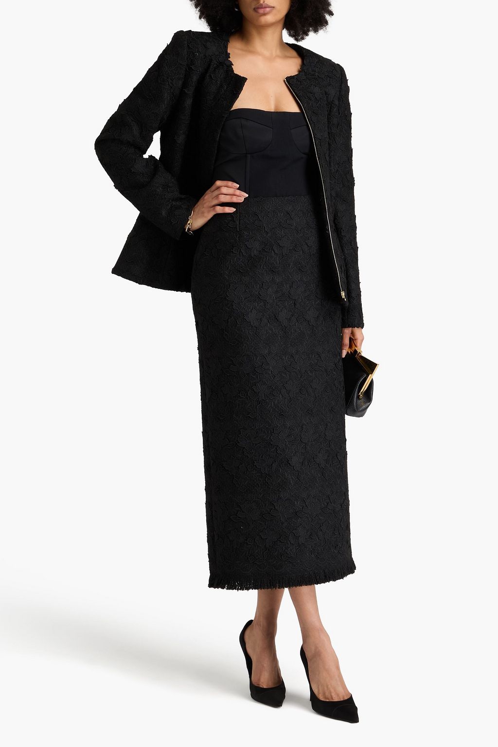 OSCAR DE LA RENTA Guipure lace tweed maxi pencil skirt