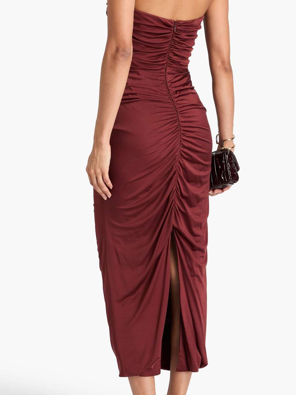 strapless ruched jersey midi dress