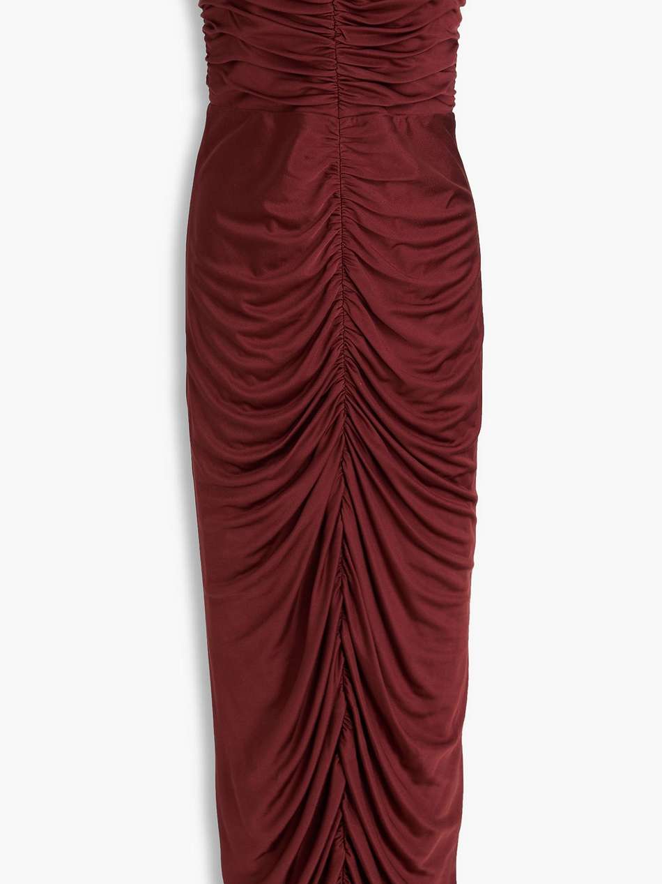 strapless ruched jersey midi dress