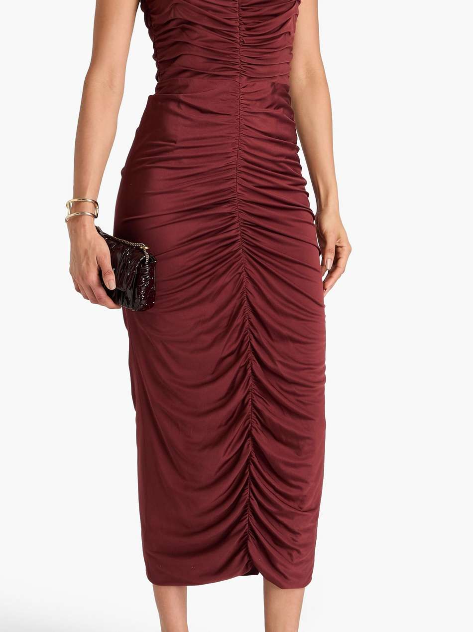strapless ruched jersey midi dress