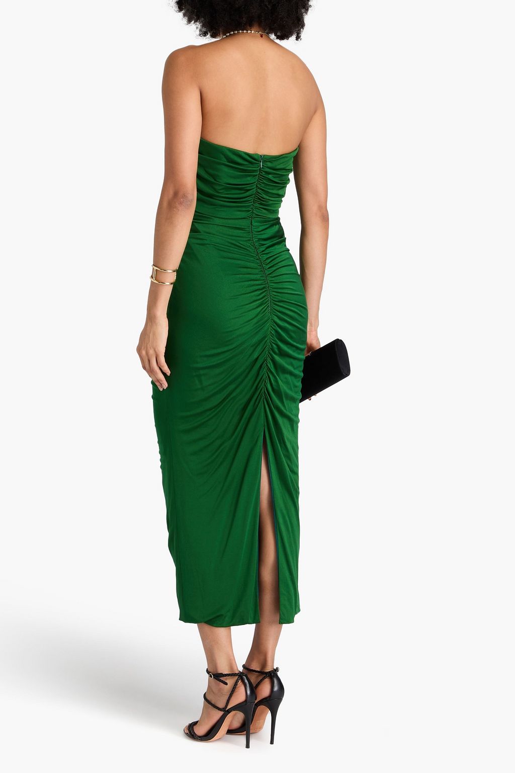 COSTARELLOS Strapless ruched jersey midi dress