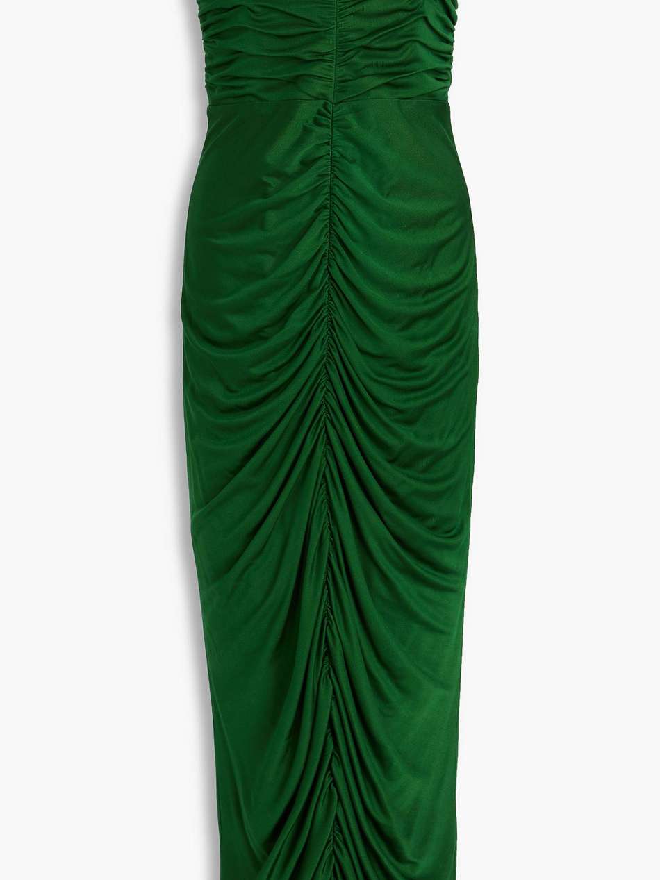 strapless ruched jersey midi dress