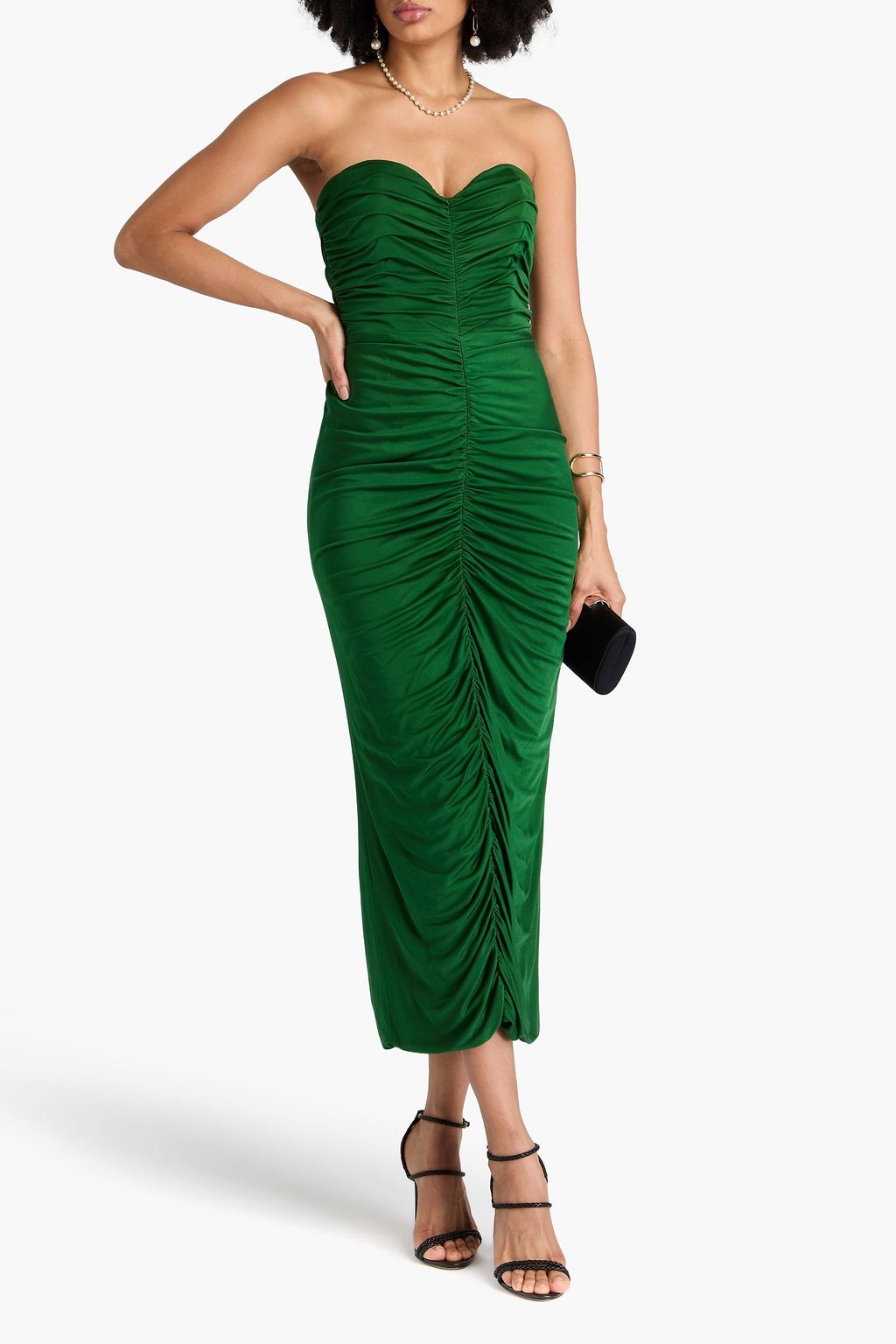 COSTARELLOS Strapless ruched jersey midi dress