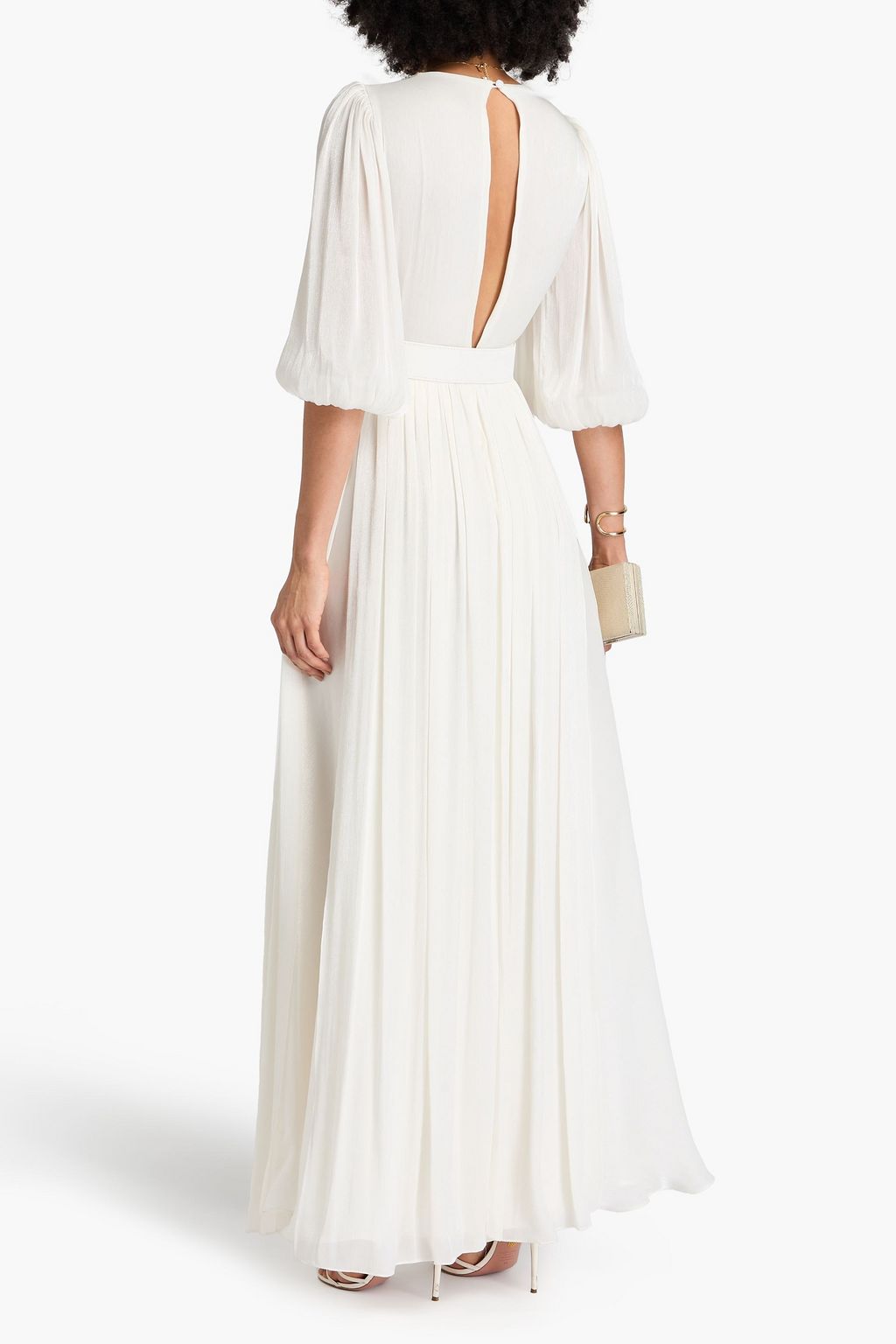 COSTARELLOS Belted metallic plissé-georgette gown
