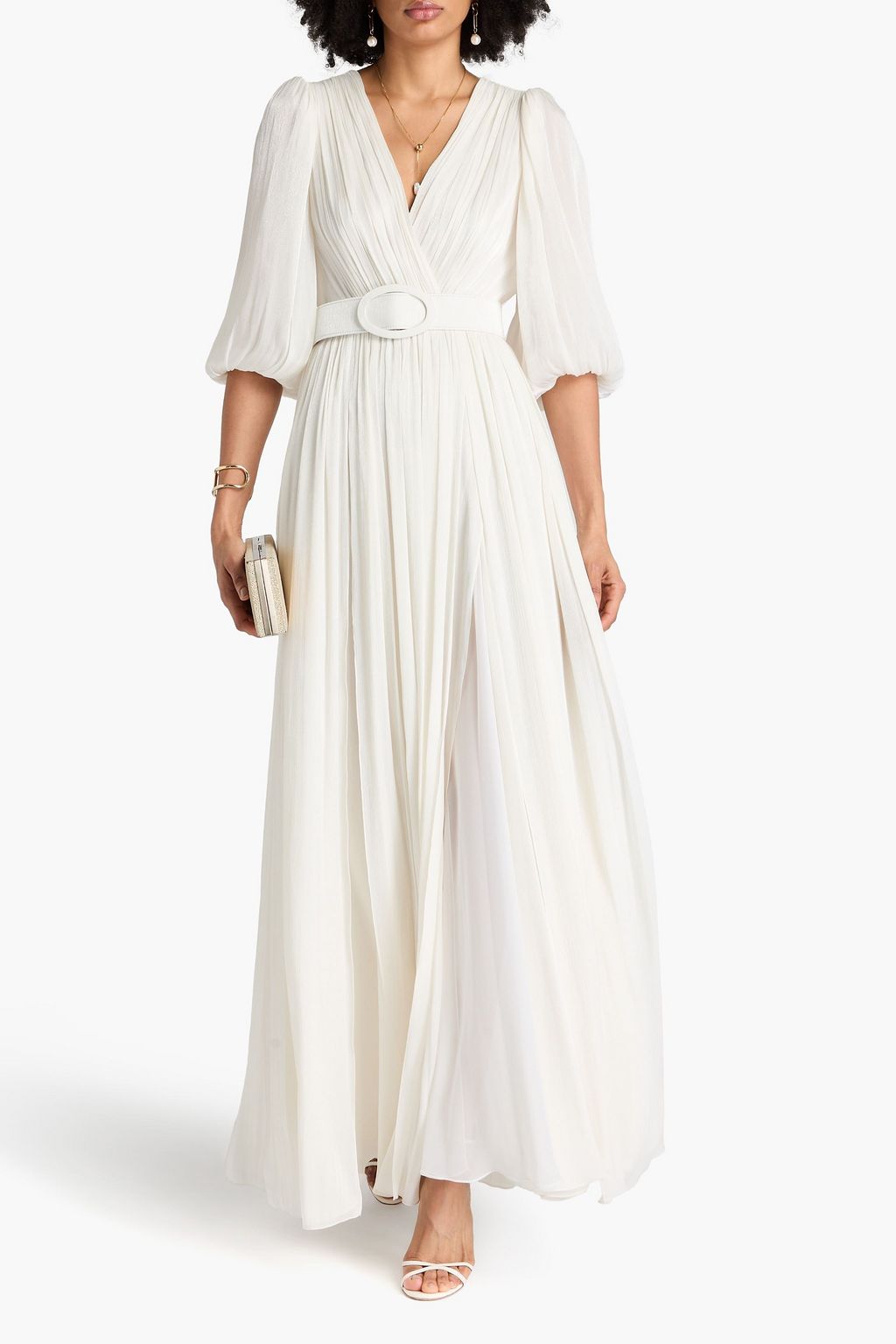 COSTARELLOS Belted metallic plissé-georgette gown