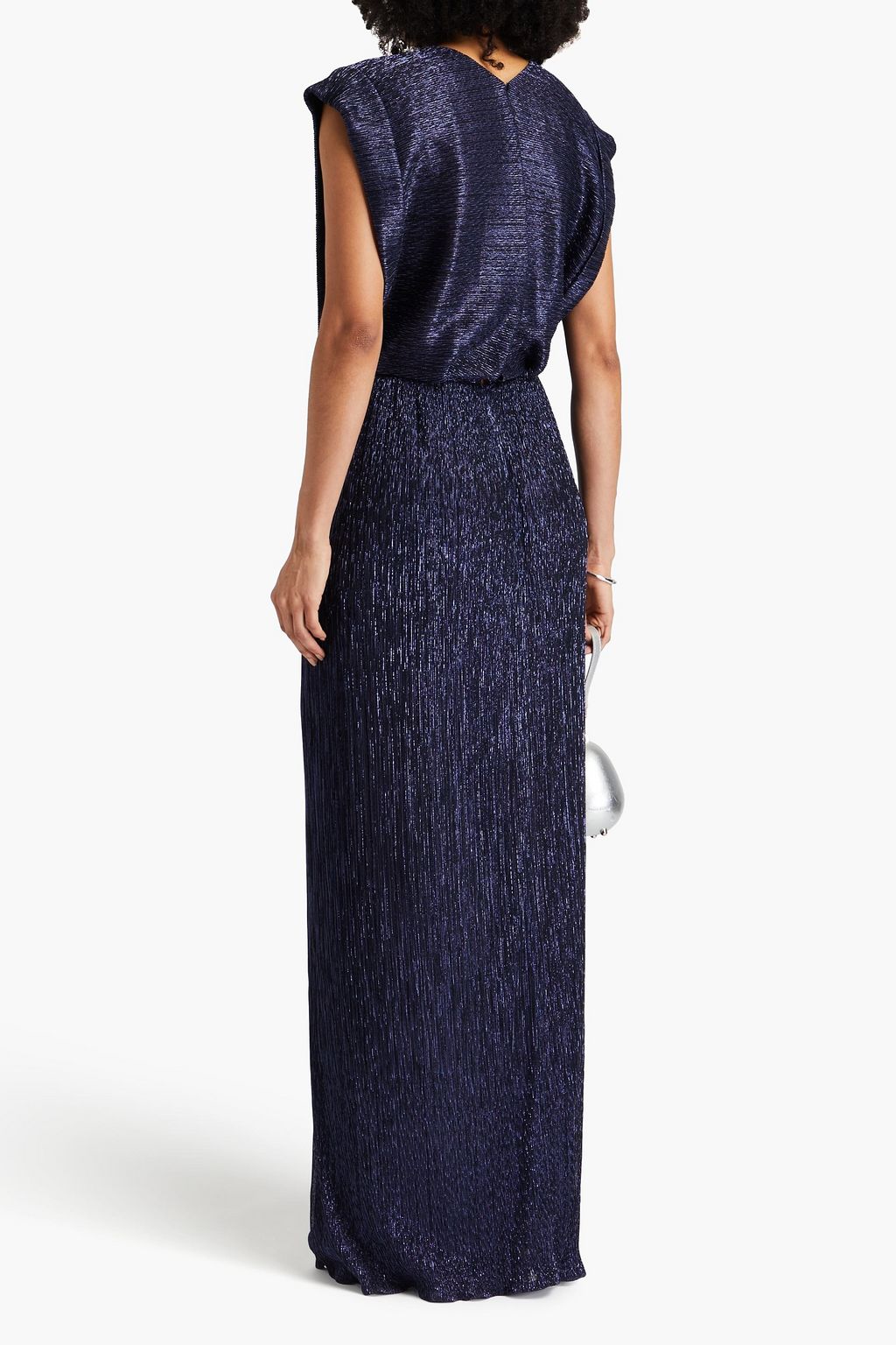 COSTARELLOS Metallic plissé-jersey gown