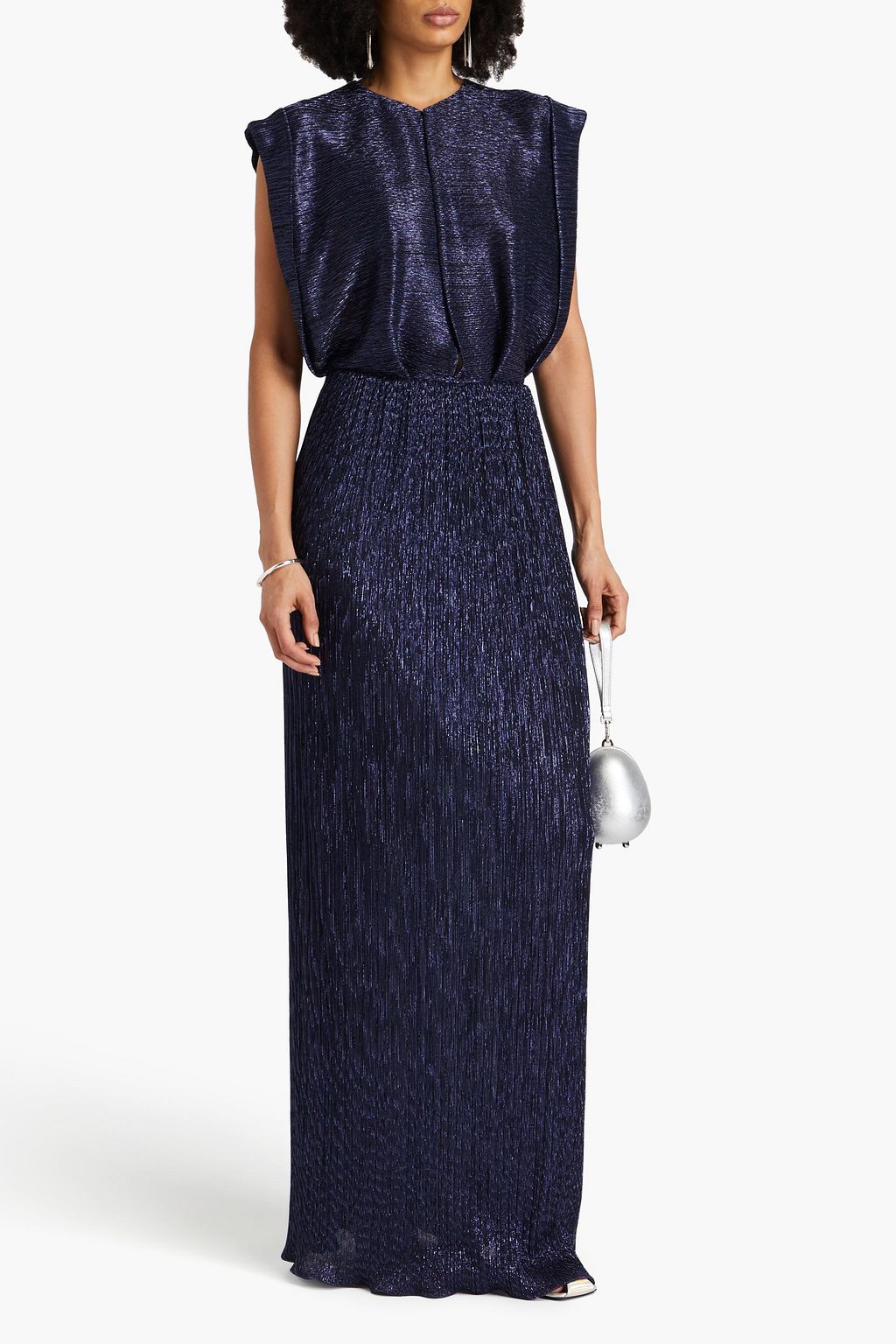 COSTARELLOS Metallic plissé-jersey gown