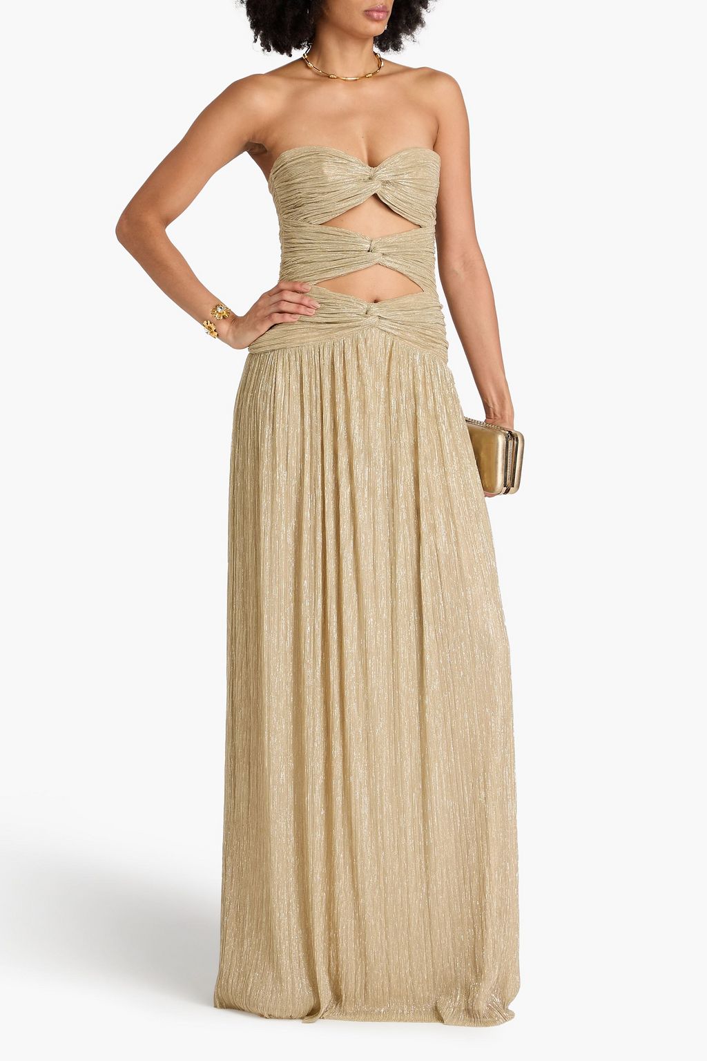 COSTARELLOS Strapless cutout metallic jersey gown