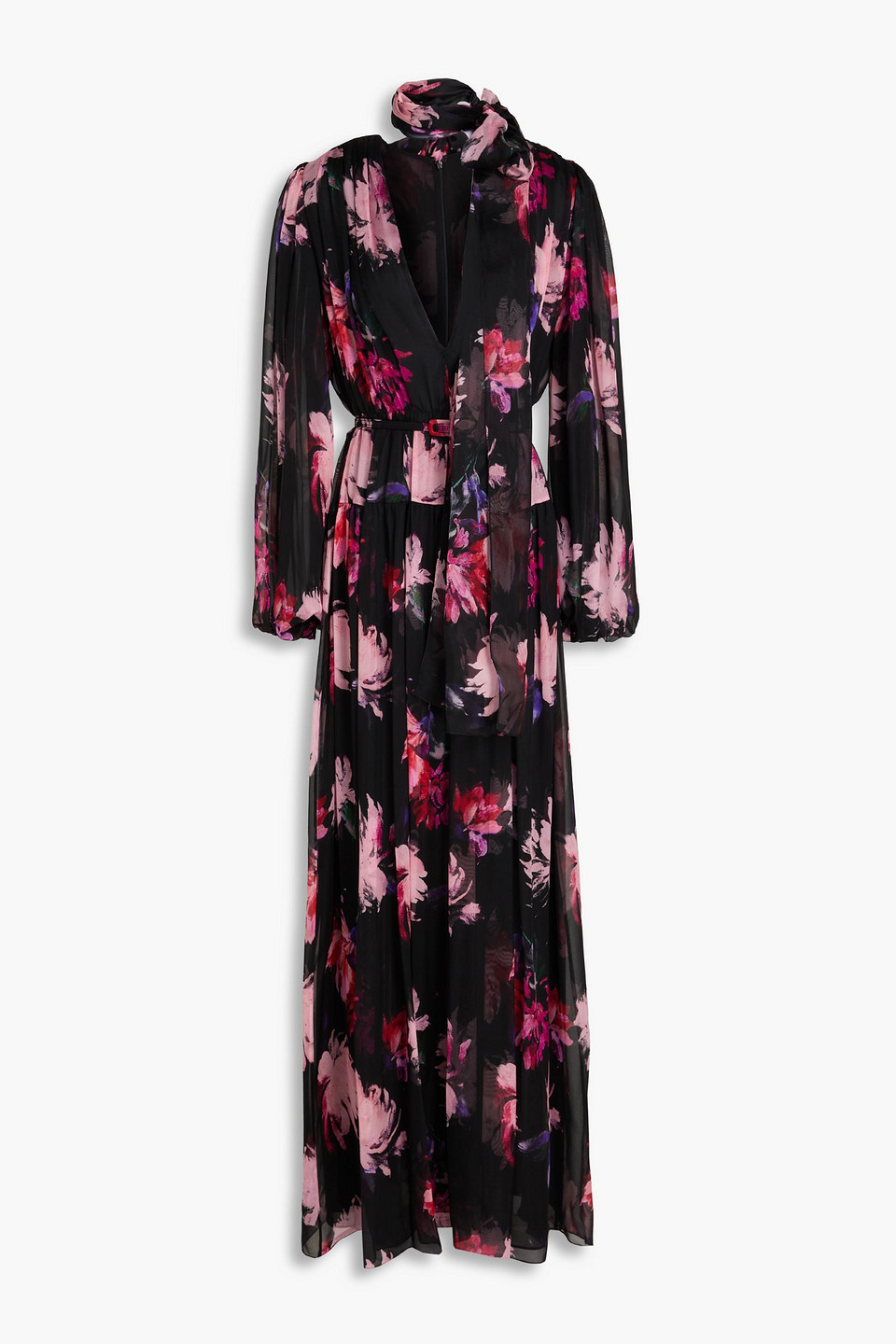 Costarellos Belted Floral-print Voile Gown In Schwarz