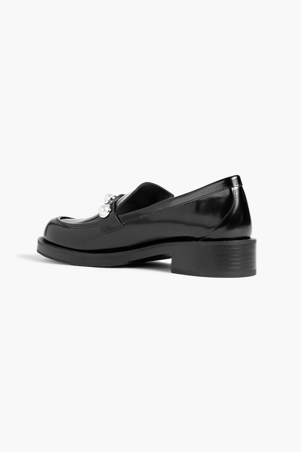 Stuart Weitzman Portia Faux Pearl-embellished Glossed-leather Loafers In Black