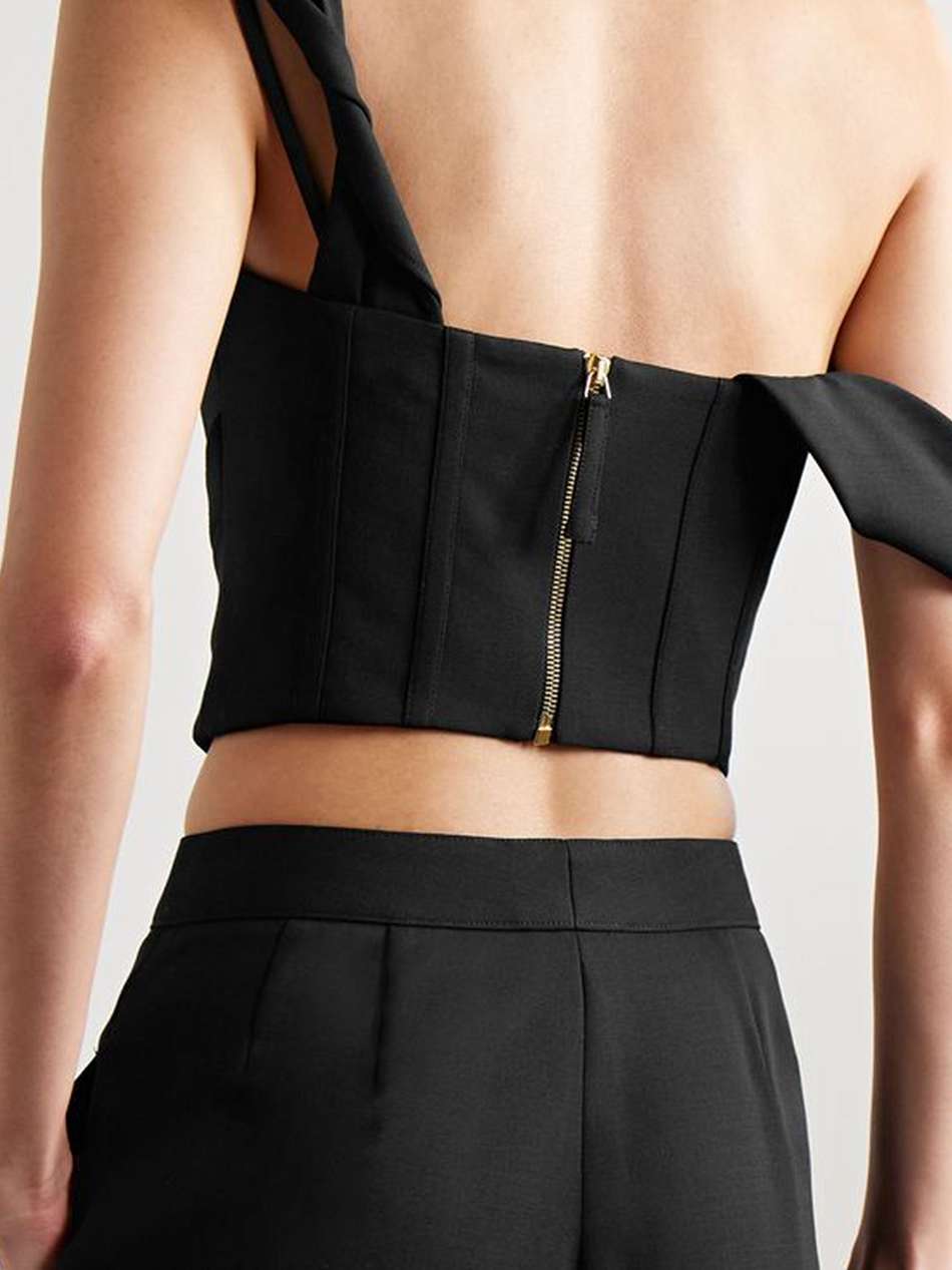 cropped draped wool-blend crepe top