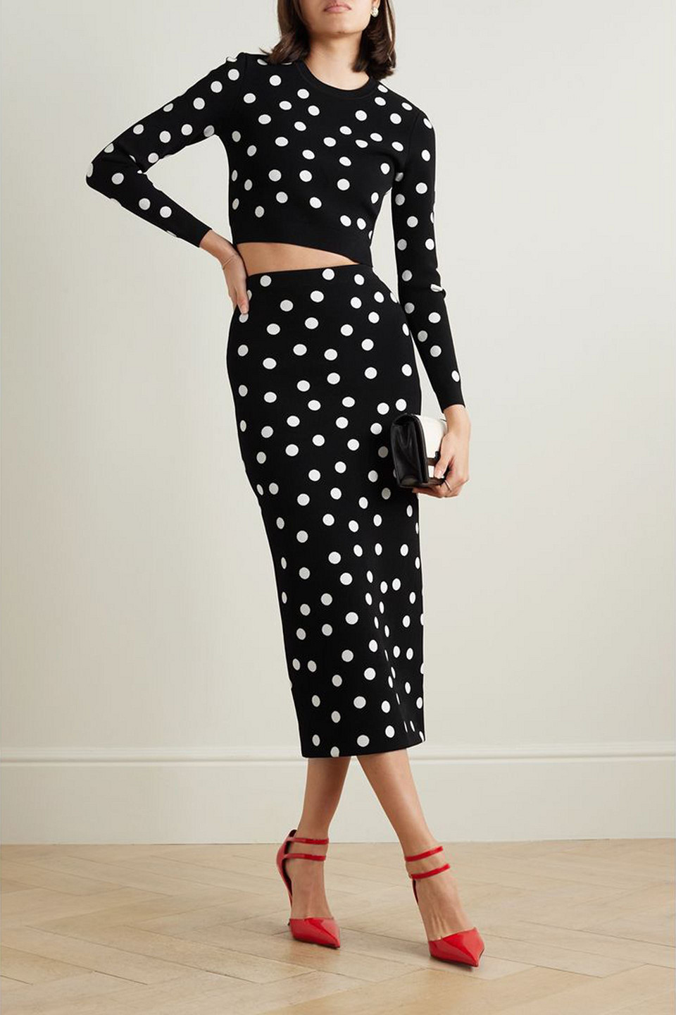 CAROLINA HERRERA CROPPED POLKA-DOT STRETCH-KNIT TOP