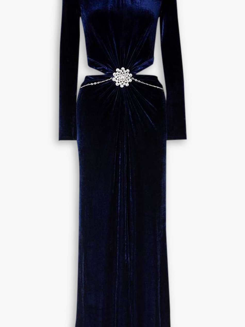 cutout gathered crystal-embellished velvet maxi dress
