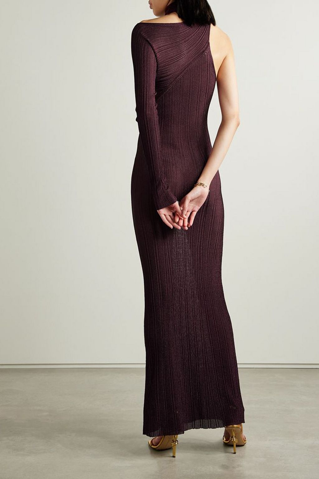 RABANNE One-sleeve tie-detailed metallic plissé-knit maxi dress