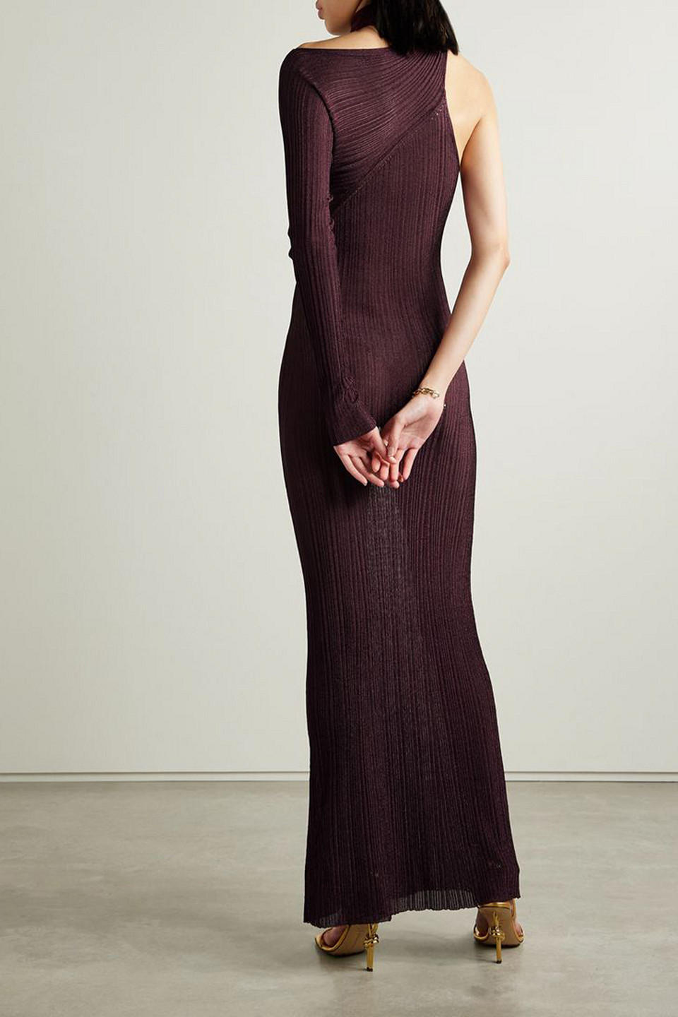 RABANNE ONE-SLEEVE TIE-DETAILED METALLIC PLISSÉ-KNIT MAXI DRESS